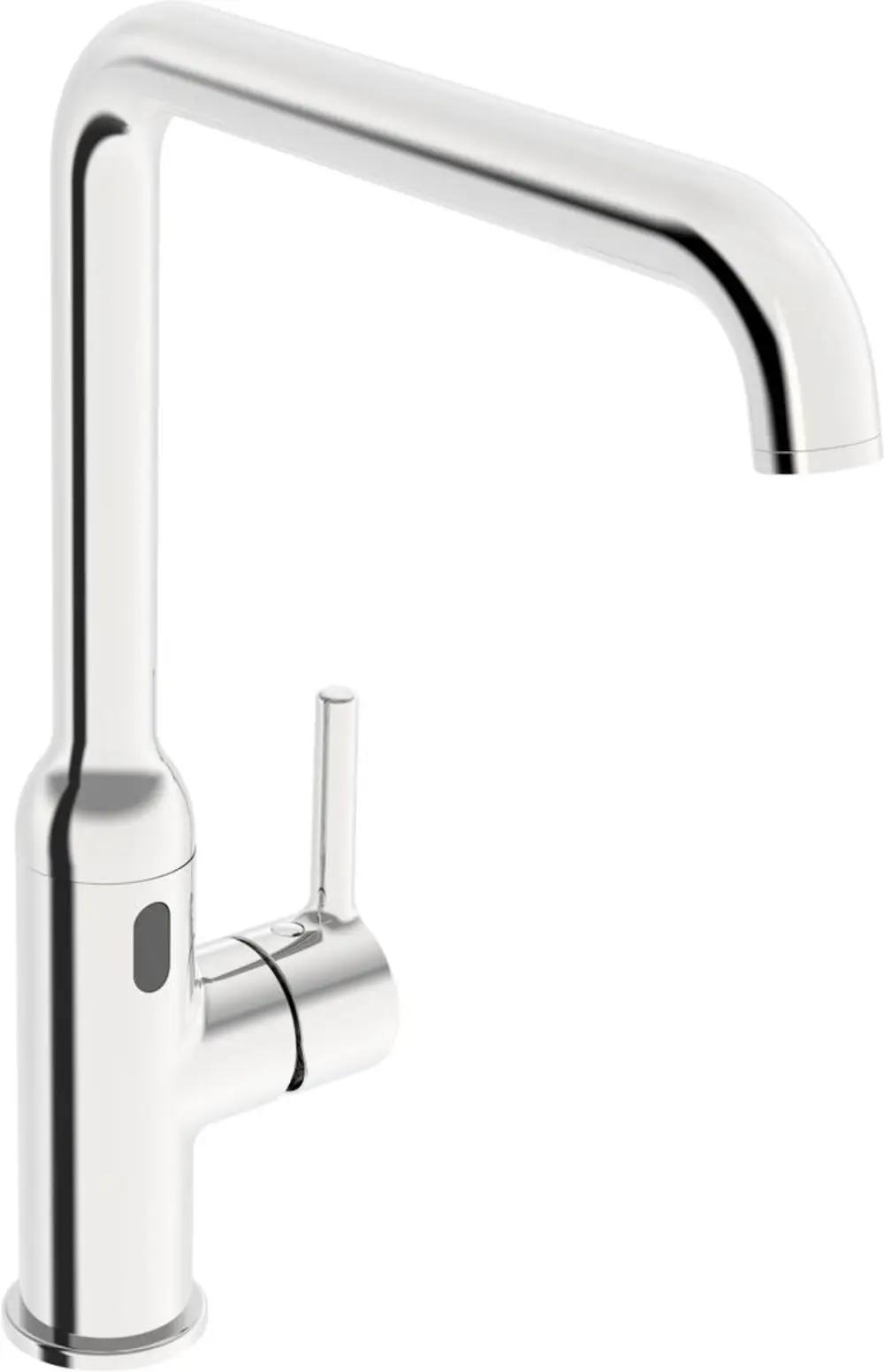 Chrome Küchenarmatur mit einem langen, gebogenen Auslauf und einem Hebel zur Steuerung. Der Wasserhahn ist von der Marke HANSA.